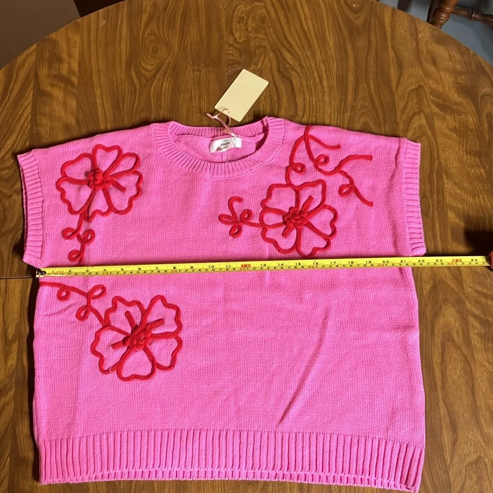 NWT Entro Pink and Red Floral Women's Sweater Short Sleeve Large Super Cute! - Picture 11 of 16